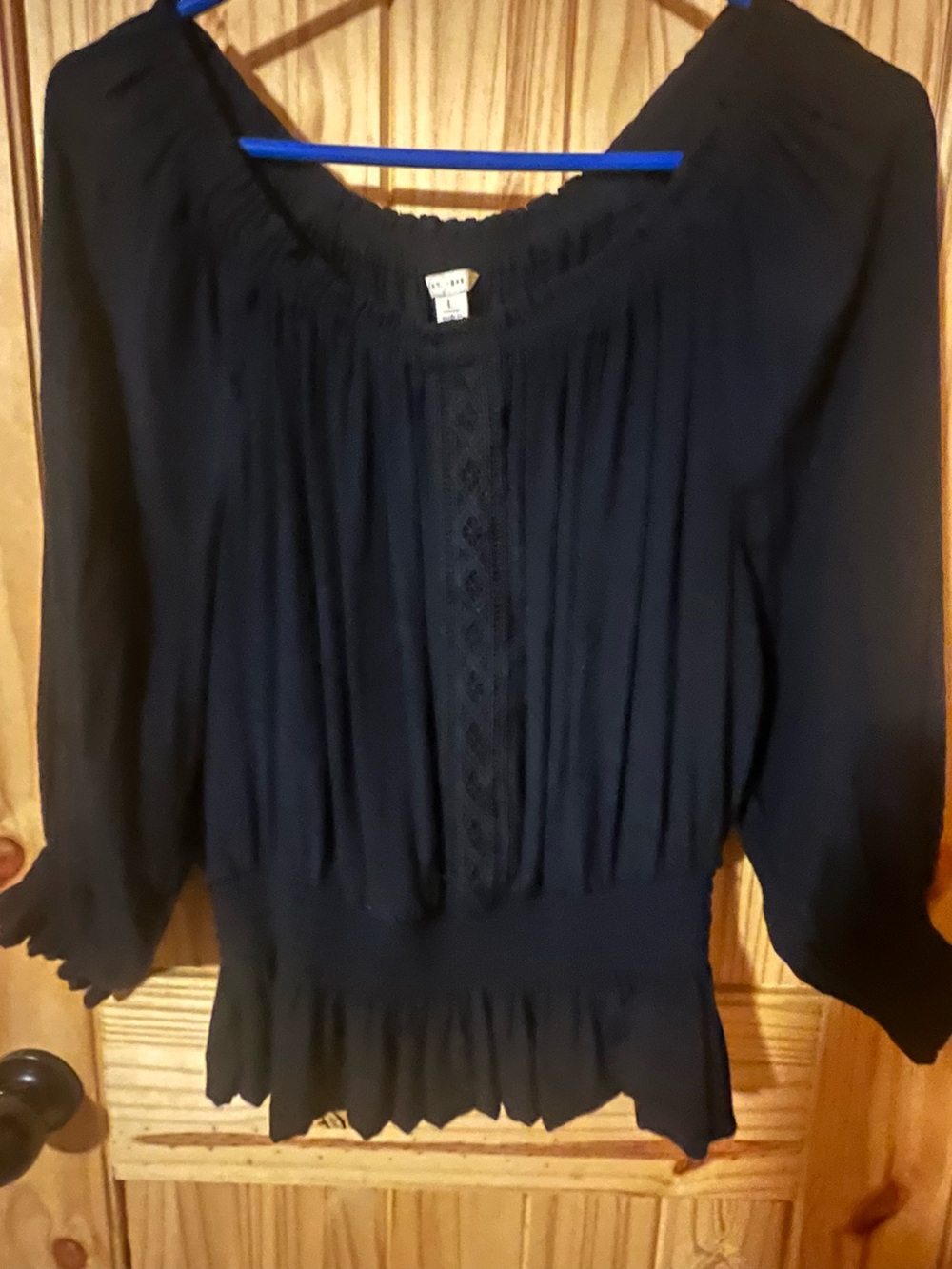 Women’s Black Peasant Blouse with Smocked Waist